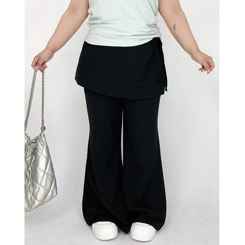 Milu家大码女装高腰两穿可拆卸屁帘微喇黑色西装裤胖mm显瘦长裤潮