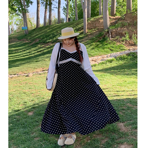 Milu家大码女装夏季度假甜美波点蕾丝胖mm吊带长款a字雪纺连衣裙