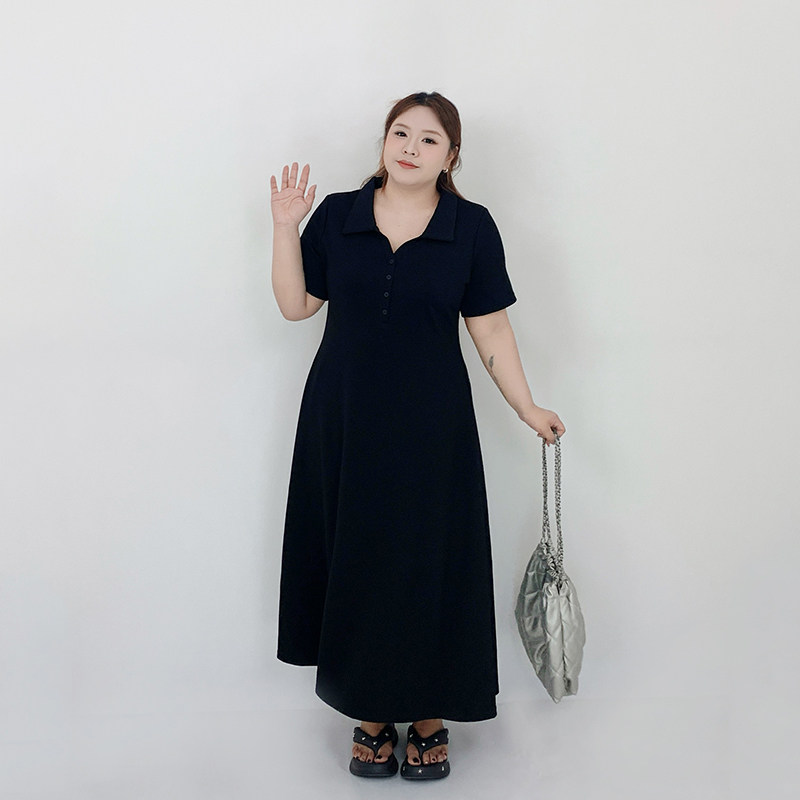 Milu家大码女装夏季polo领收腰显瘦过膝长款a字连衣裙胖mm小黑裙