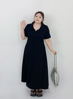 Milu家大码女装夏季polo领收腰显瘦过膝长款a字连衣裙胖mm小黑裙