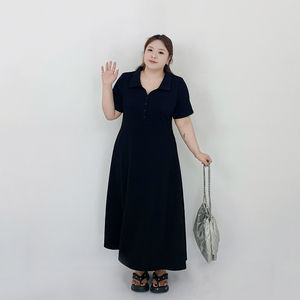 Milu家大码女装夏季polo领收腰显瘦过膝长款a字连衣裙胖mm小黑裙