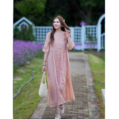 5371晓莲~复古苎麻手工玫瑰双层连衣裙女夏新款文艺大码气质长裙