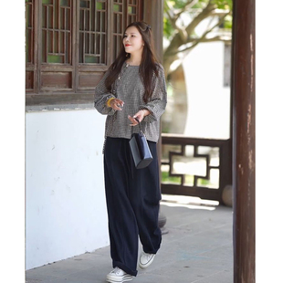 9286晓莲~复古棉麻格子内里包边圆领长袖包扣衬衫女秋新款可开扣