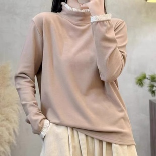 文艺森系花边领长袖 上衣 T恤女秋冬复古百搭显瘦打底衫