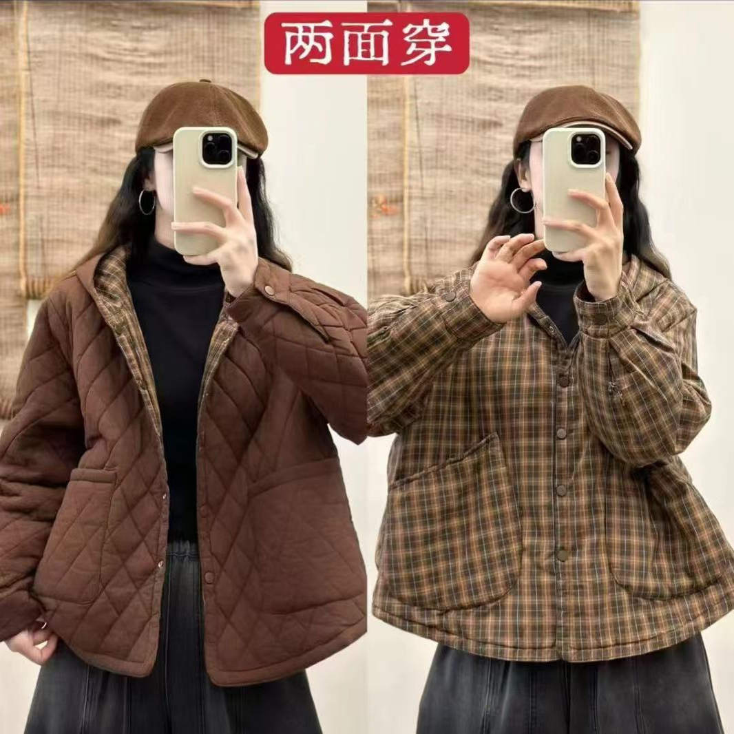 复古棉麻菱格压线双面穿连帽夹棉加厚棉服女文艺大码显瘦休闲外套