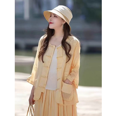 5328晓莲~复苎麻内里包边刺绣盘扣衬衫文艺大码新中式国风上衣