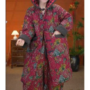 复古民族风印花连帽夹棉加厚保暖中长款棉服女冬文艺大码显瘦外套