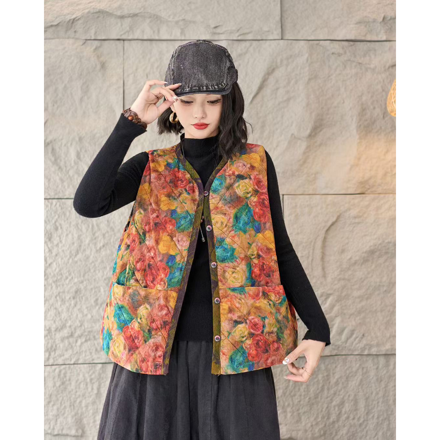 2025秋冬新款复古休闲百搭小碎花印花夹棉马甲