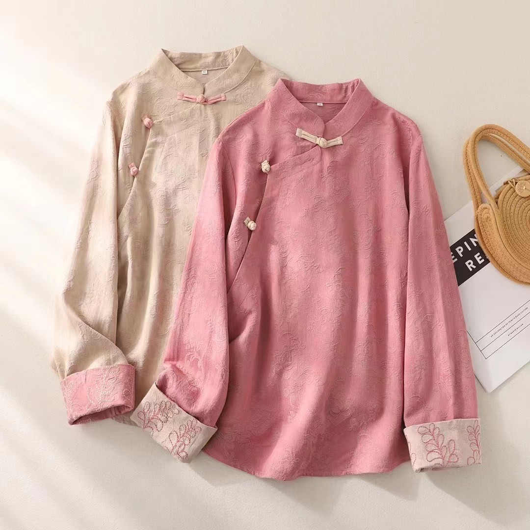 复古盘扣棉麻提花内里包边新中式上衣女新款文艺大码国风禅意茶服