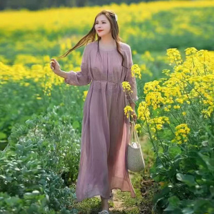 复古苎麻内里包边刺绣两件套连衣裙女夏文艺显瘦大码袍子