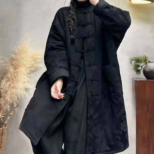 复古盘扣棉麻提花圆领夹棉加厚中长款国风保暖棉服