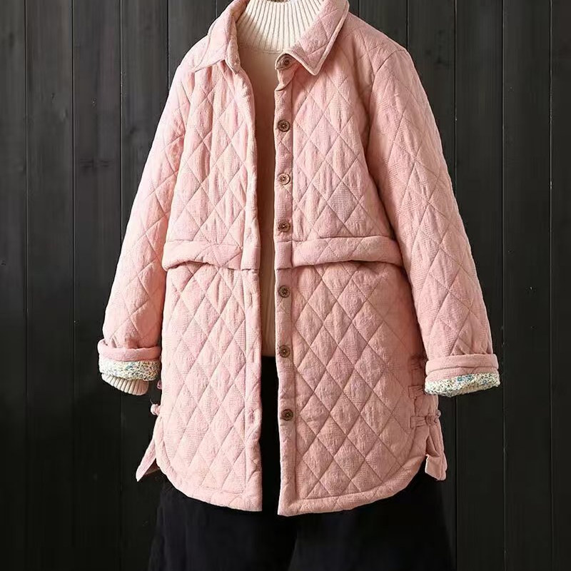 复古棉麻提花夹棉加厚翻领中长款棉服女冬文艺宽松百搭显瘦棉袄