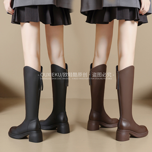 秋冬新款 1025 长筒靴粗跟厚底英伦风女瘦瘦靴不过膝靴 长靴K 冬季