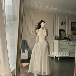 温柔风挂脖蕾丝网纱连衣裙气质仙女长裙 法式 LUOLUOZ 素白凝香
