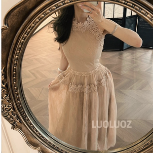 LUOLUOZ【雾中看花】法式纯欲风收腰显瘦气质仙女挂脖网纱连衣裙