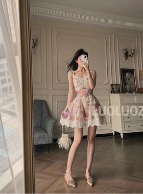 LUOLUOZ【莫奈花园】法式绝美蕾丝吊带连衣裙收腰显瘦碎花短裙CC3