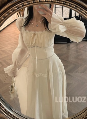 LUOLUOZ【暖雾柔光】高级感气质绝美色系网纱收腰长款连衣裙JF112