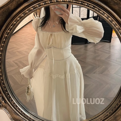 暖雾柔光网纱收腰长款连衣裙