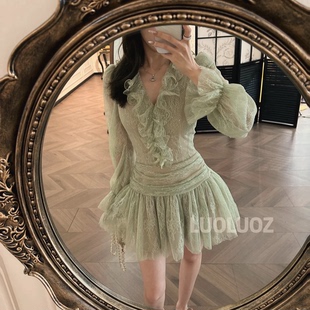 收腰花边短款 高级气质蓬松泡泡袖 连衣裙CC375 清新绿韵 LUOLUOZ