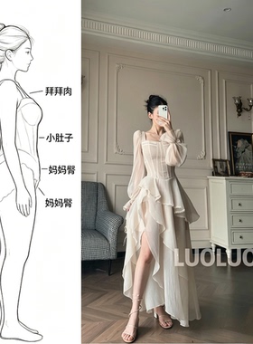 LUOLUOZ【花苞蓬裙】气质不规则下摆绝美网纱长袖短款连衣裙JF123
