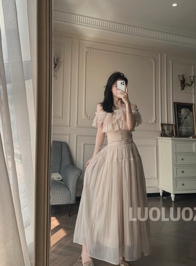 LUOLUOZ【沉光落纱】高级感气质绝美花边上衣＋半身长裙两件套JF1
