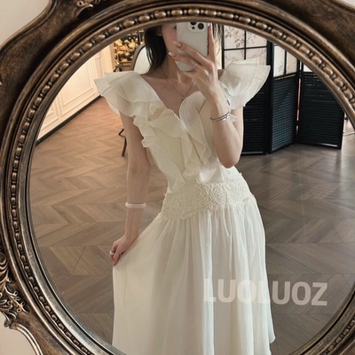 LUOLUOZ【幻梦星河】法式重工立体花朵连衣裙一字肩收腰大摆长裙