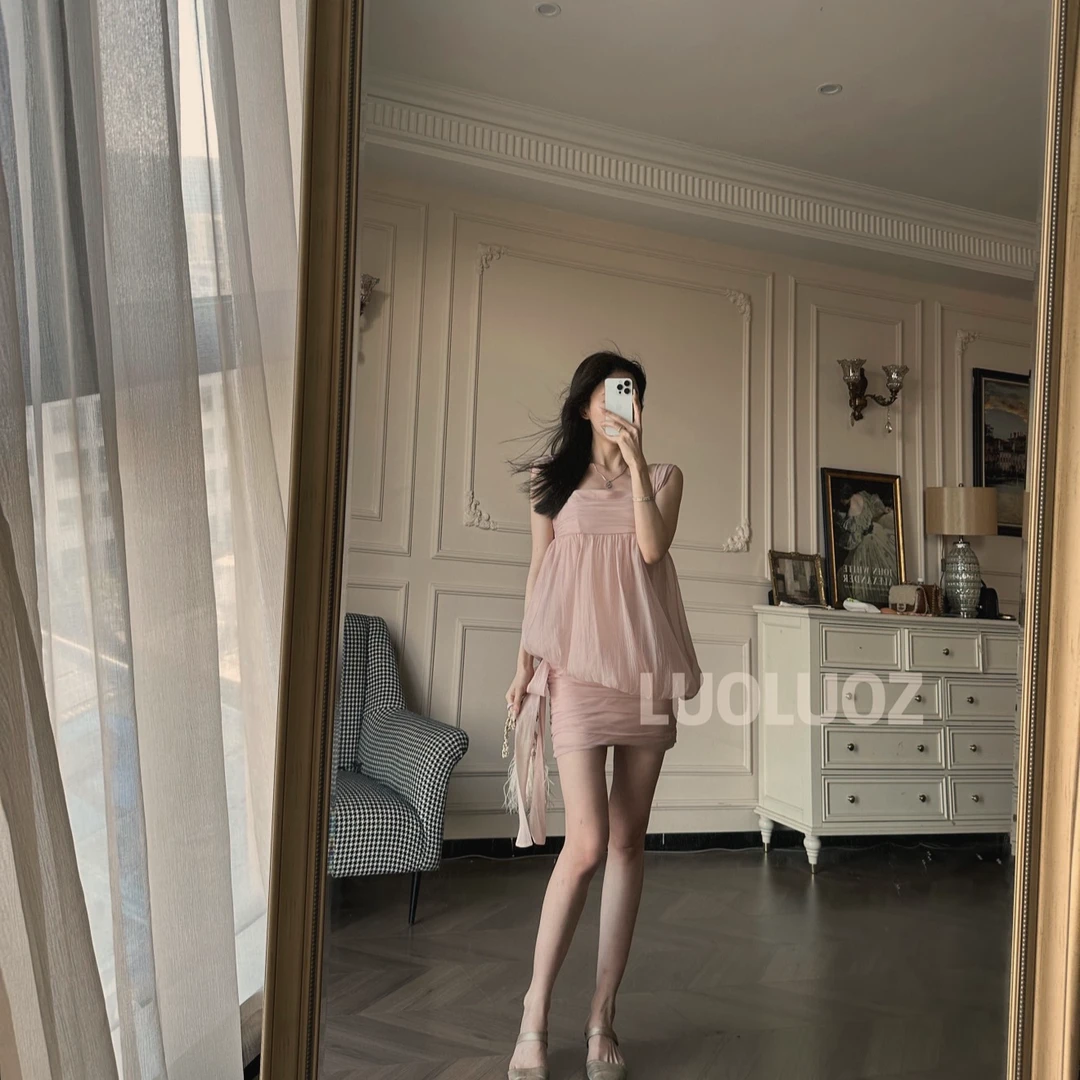 LUOLUOZ【影落云肩】纯欲花苞抹胸连衣裙夏季新款甜辣蝴蝶结短裙