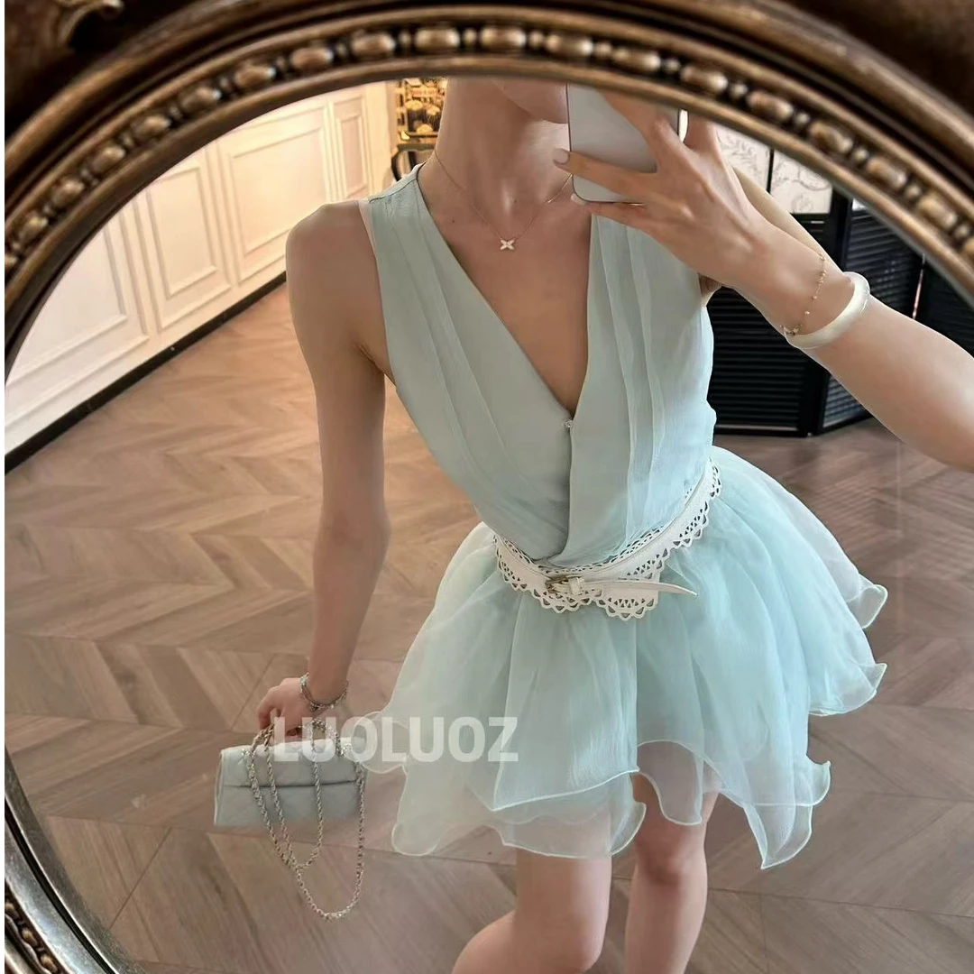 LUOLUOZ【姜纱束腰】法式高级感挂脖无袖显瘦短款连衣裙女JF1483