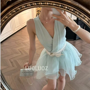 LUOLUOZ【姜纱束腰】法式高级感挂脖无袖显瘦短款连衣裙女JF1483