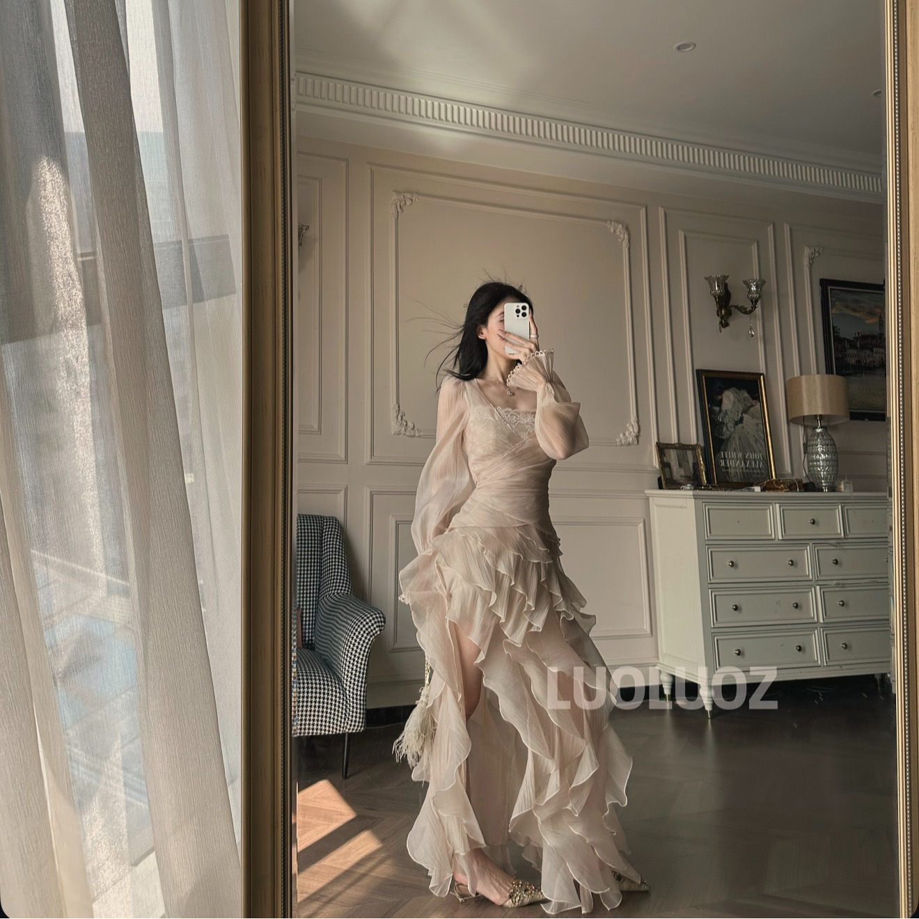 LUOLUOZ【花园华尔兹】法式重工网纱拼接连衣裙女荷叶边鱼尾长裙