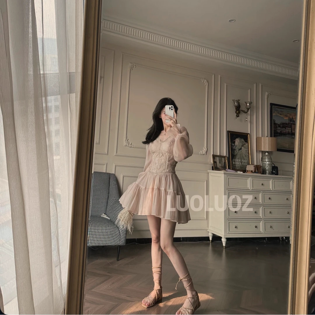 LUOLUOZ法式温柔风初恋感连衣裙女夏收腰显瘦大摆长裙气质仙女裙