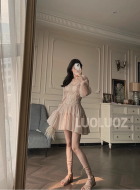 LUOLUOZ法式温柔风初恋感连衣裙女夏收腰显瘦大摆长裙气质仙女裙