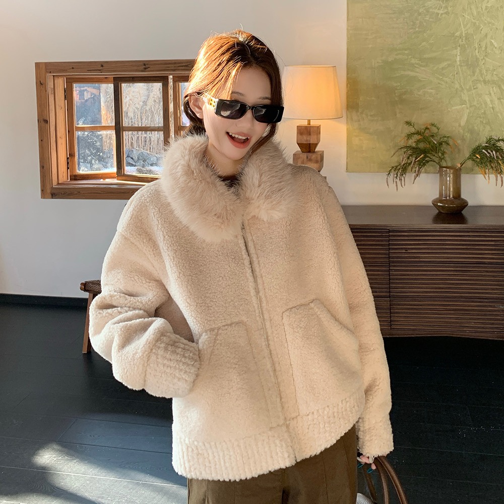 巨好看的初冬外套女秋冬仿羊羔绒毛领皮毛一体毛毛上衣韩系绒衫