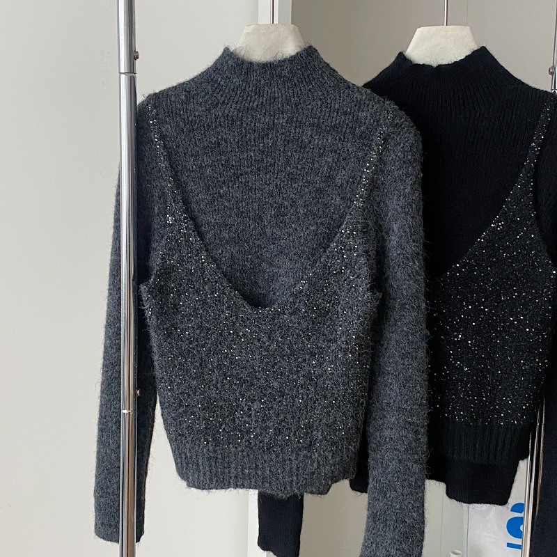 半高领毛衣女秋冬季设计感闪亮吊带背心假两件单穿毛针织衫打底衫