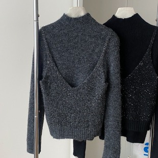 打底衫 半高领毛衣女秋冬季 设计感闪亮吊带背心假两件单穿毛针织衫