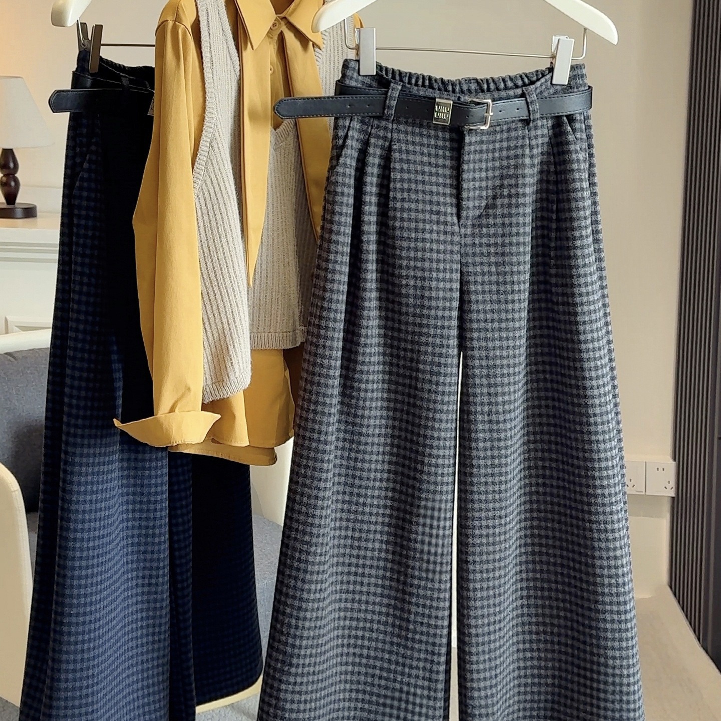 细格子加绒加厚毛呢阔腿裤女25秋冬松紧高腰保暖宽松显瘦休闲长裤