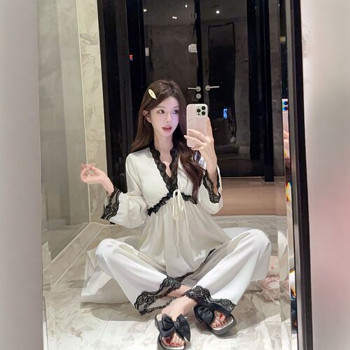 女士冰丝睡衣套装蕾丝花边长袖家居服春秋款可外穿法式优雅睡袍