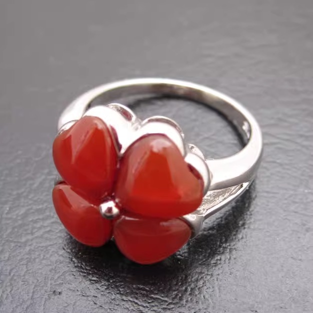 诗美琪本命年生日礼物925银中国红玛瑙翡翠花戒指