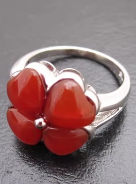 诗美琪本命年生日礼物925银中国红玛瑙翡翠花戒指