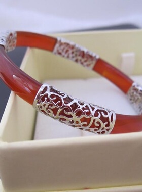 诗美琪中国红玛瑙925银四银边开口本命年女士礼物玛瑙手镯