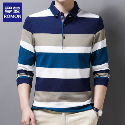 罗蒙纯棉长袖t恤男条纹翻领