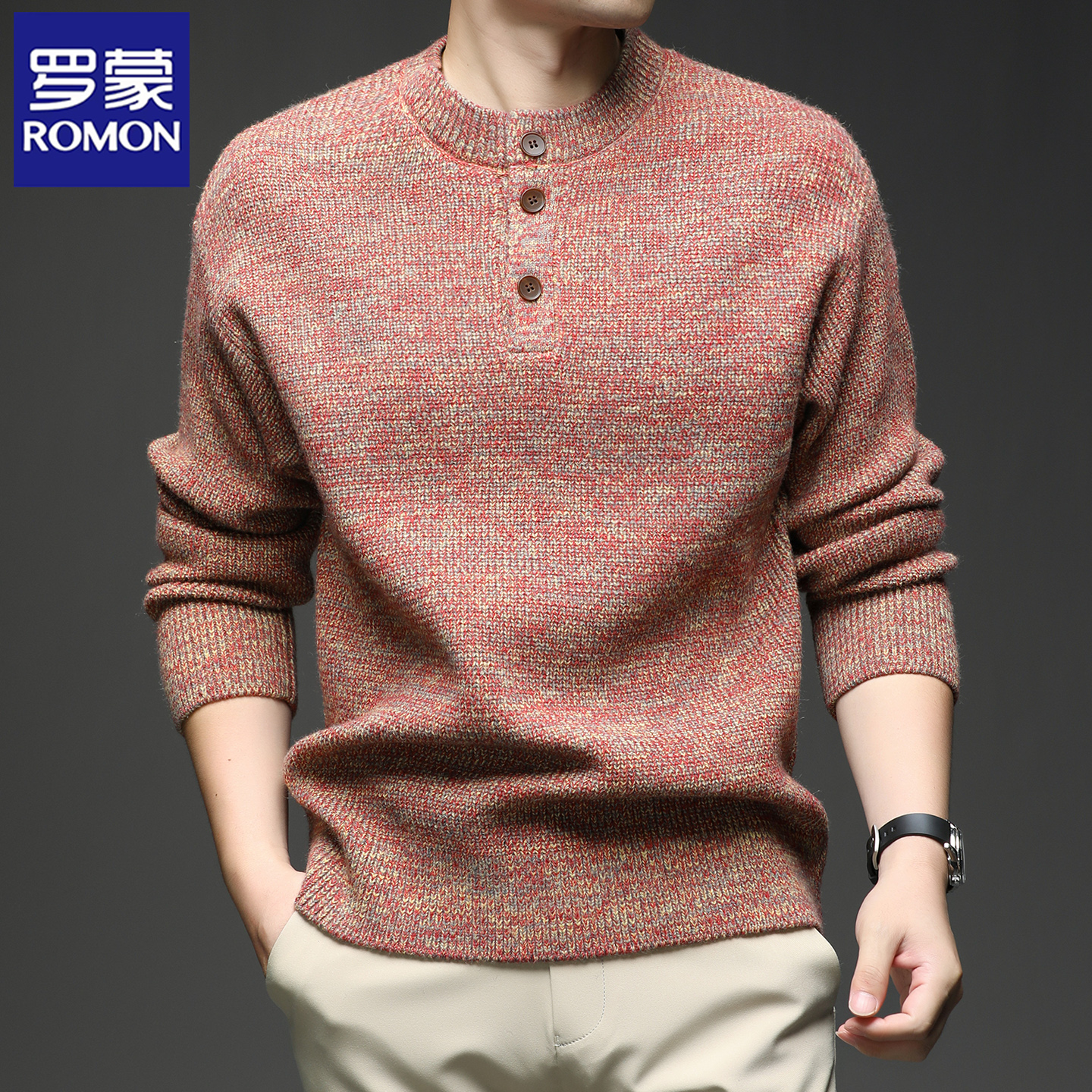 罗蒙圆领针织衫毛衣男半开纽扣