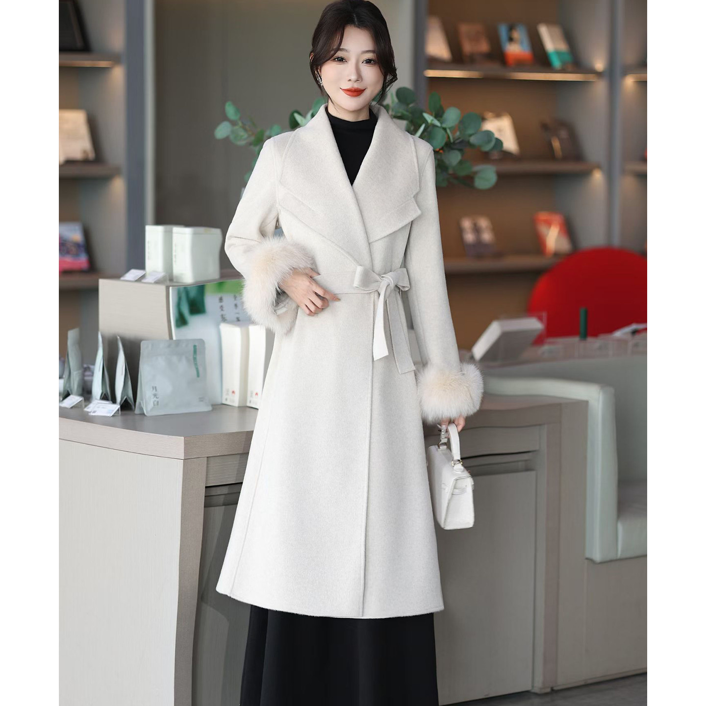 袖口狐狸毛毛呢大衣2025冬季新款收腰中长款双面羊毛高级感外套潮,女装/女士精品,毛呢外套,淘宝优惠券,粉丝福利购,淘宝优惠卷