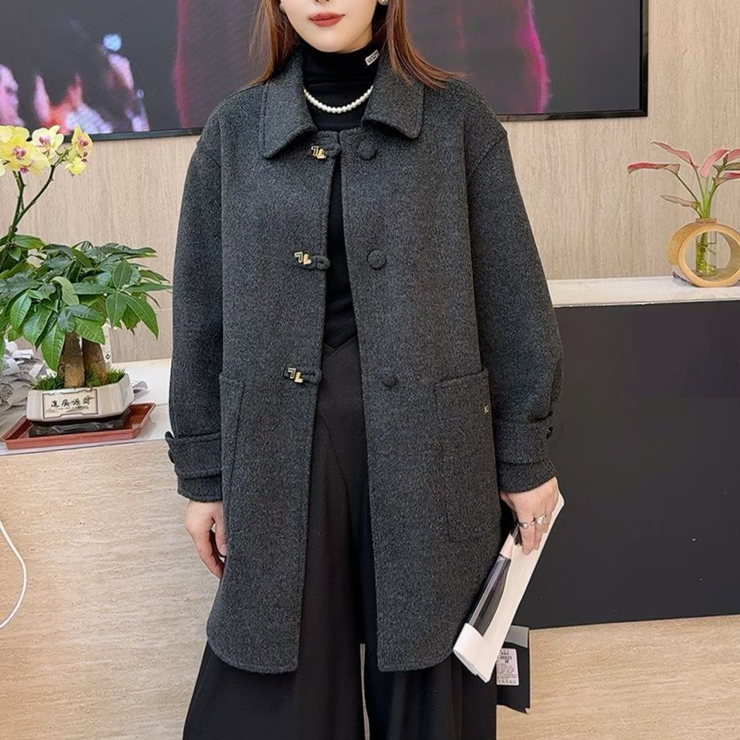 双面羊毛大衣女中长款2026秋冬国风盘扣翻领中年妈妈装毛呢外套潮