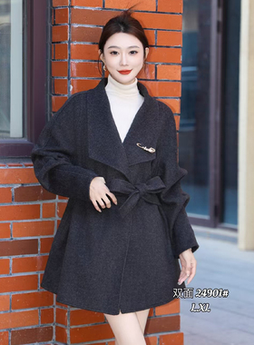 乐琪儿24901欧洲站新款复古大翻领双面羊毛呢大衣女显瘦收腰外套