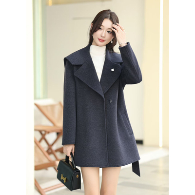 2025秋冬新款时尚简约翻领收腰毛呢大衣女高级感中长款双面呢外套