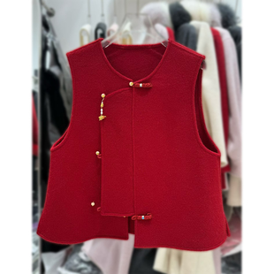 新中式红色羊毛呢马甲女圆领盘扣单排扣叠穿背心显瘦百搭妈妈装潮