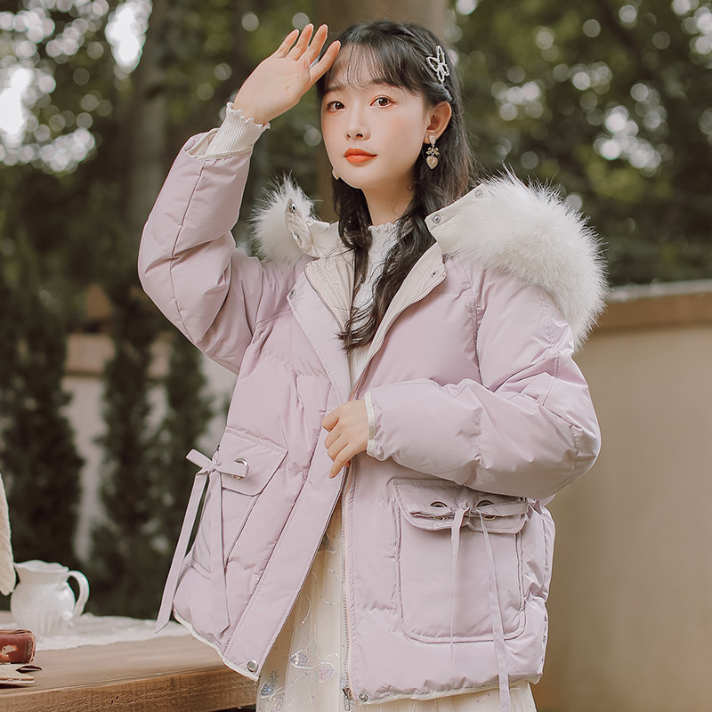 2022年冬季小清新森系加厚面包服女可卸大毛领棉服学生外套小个子