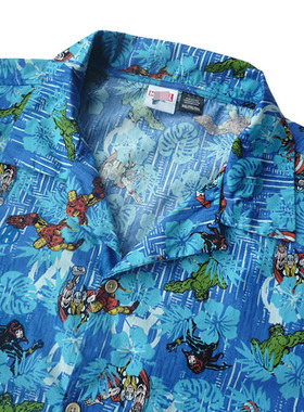 126-132大码男女沙滩古巴领全棉 夏威夷短袖卡通主题印花衬衫2102