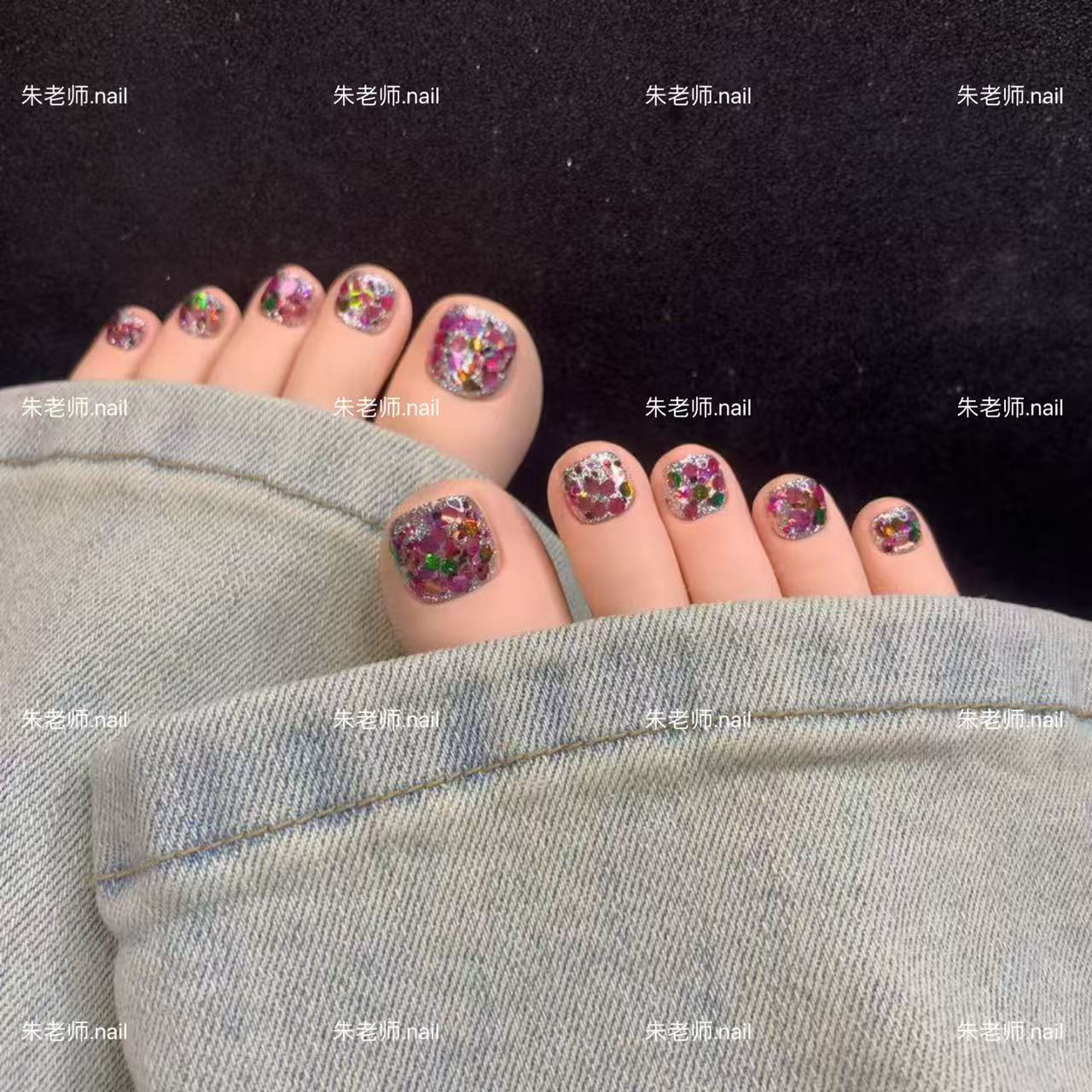 31D（14片纯手工脚趾甲)彩色亮片光疗闪粉牢固重复用显白穿戴脚甲
